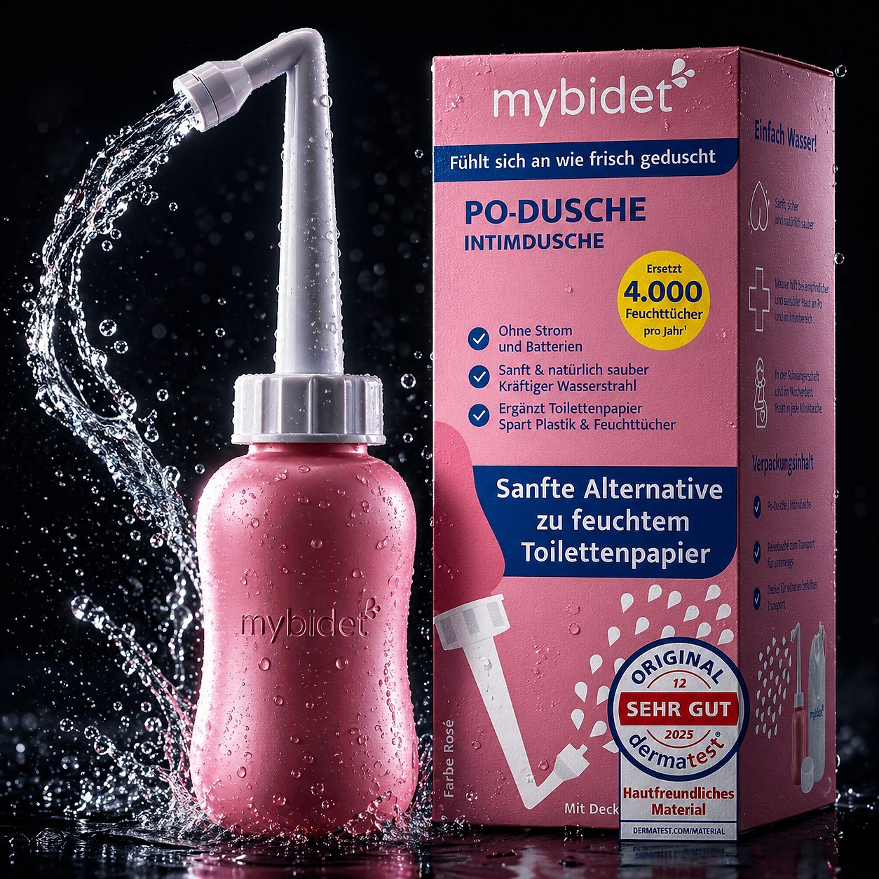 mybidet Po Dusche in Rosé mit Verpackung und Dermatest Siegel