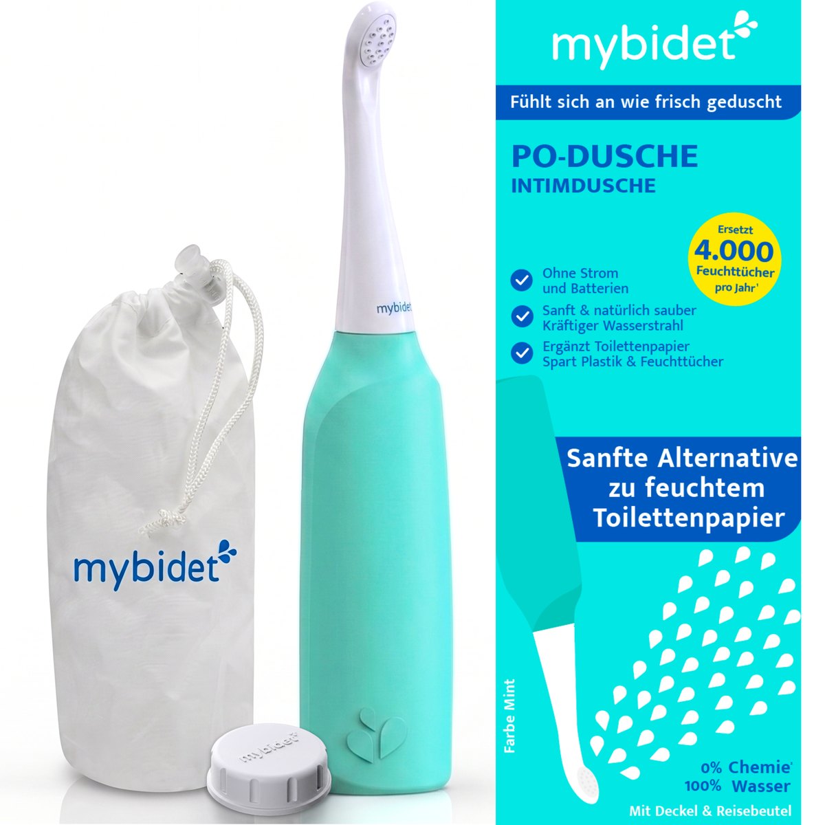 mybidet Aqua Home Mint mit Reisebeutel und Verpackung