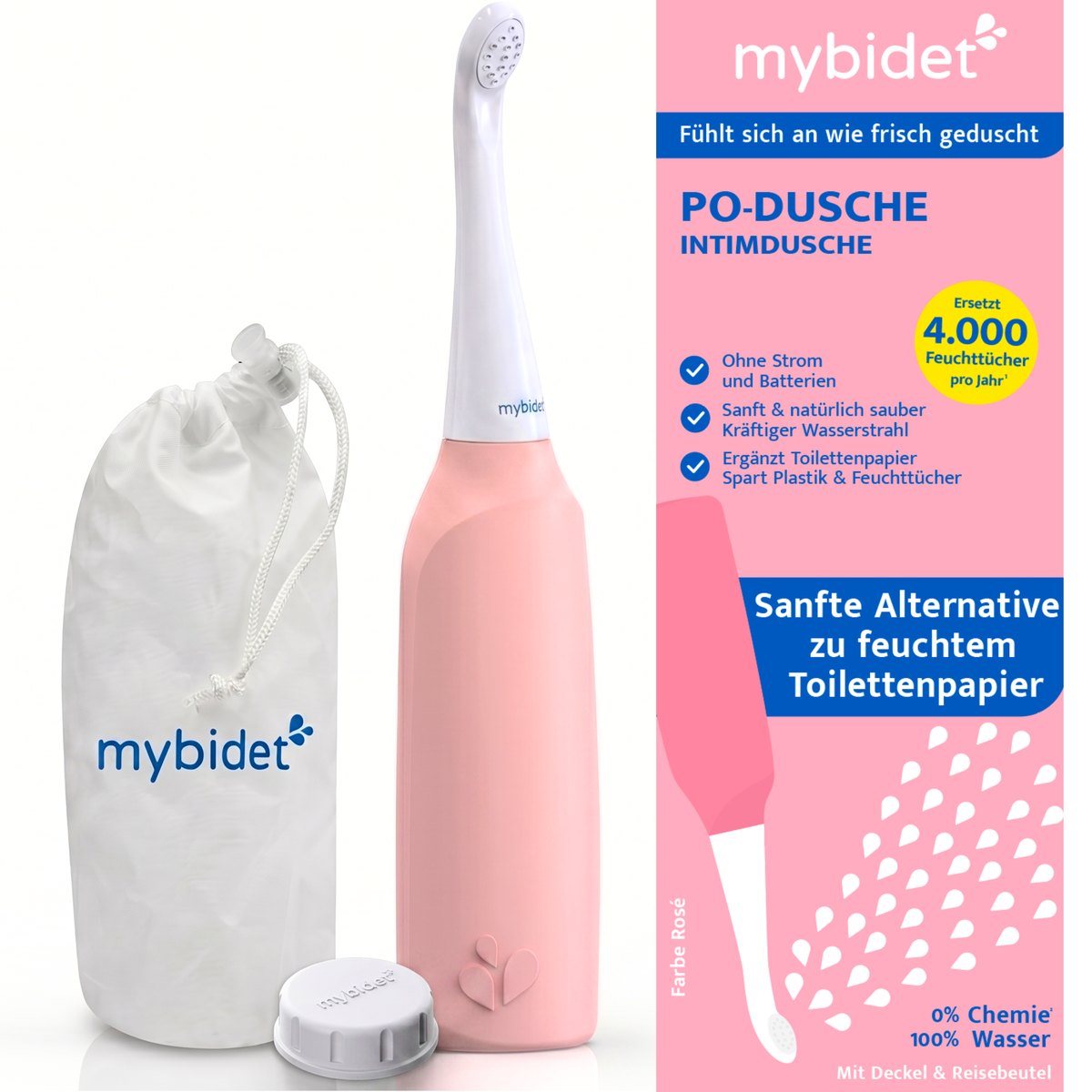 mybidet Aqua Home Rose mit Reisebeutel und Verpackung