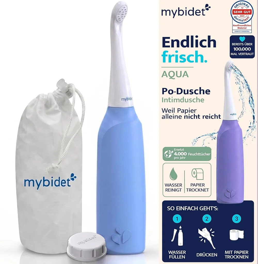 mybidet AQUA Po Dusche Set in Lila mit Verpackung und Reisebeutel