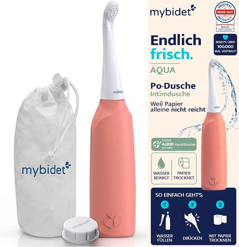 mybidet AQUA Po Dusche Set in Aprikose mit Verpackung und Reisebeutel