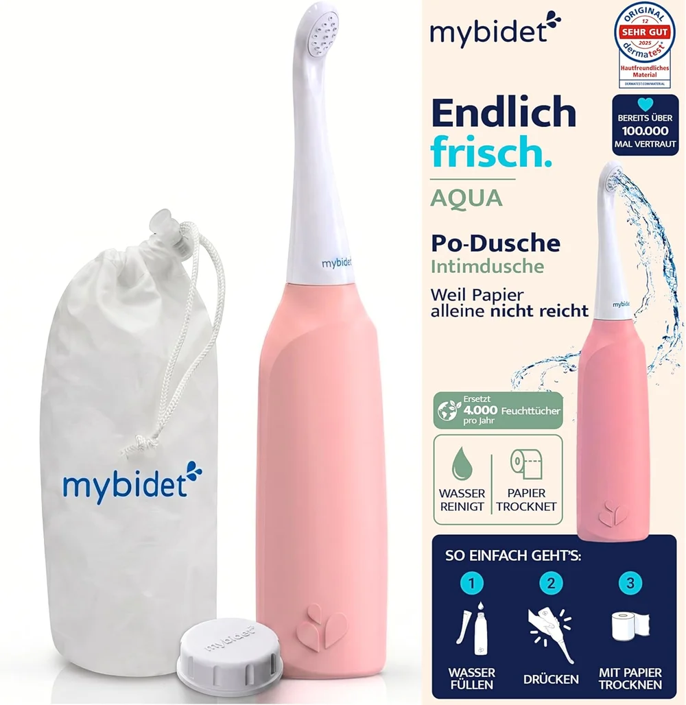 mybidet AQUA Po Dusche Set in Rosé mit Verpackung und Reisebeutel