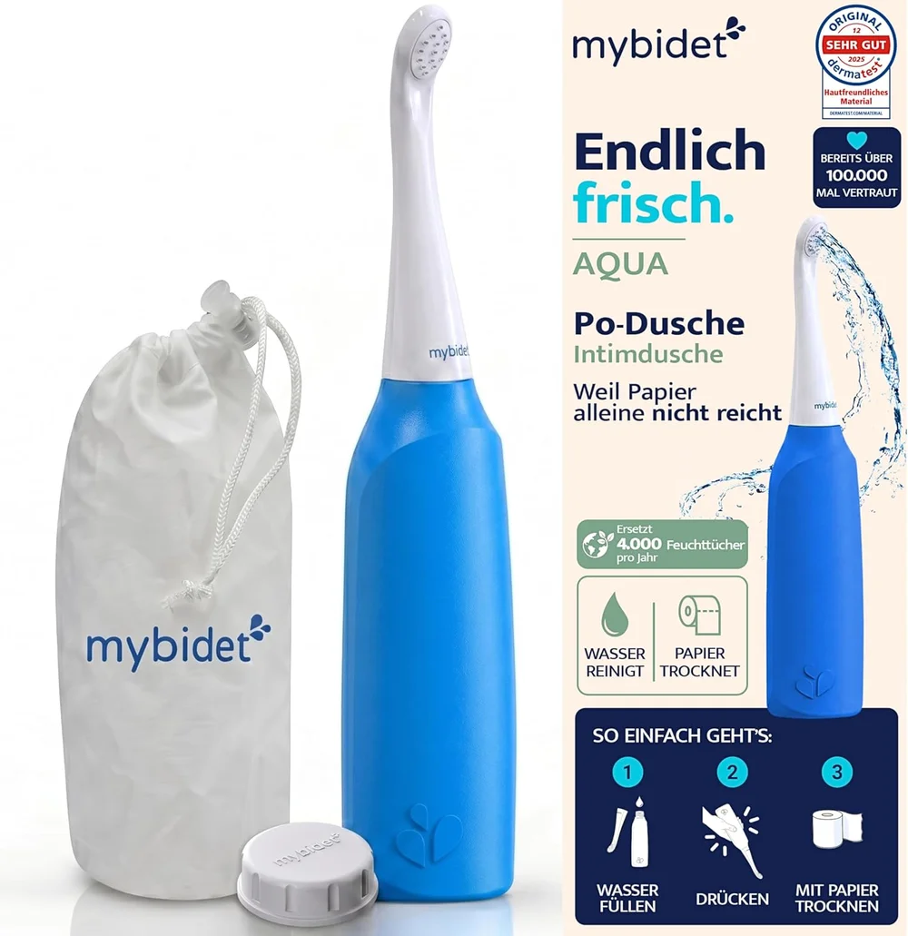 mybidet AQUA Po Dusche Set in Blau mit Verpackung und Reisebeutel