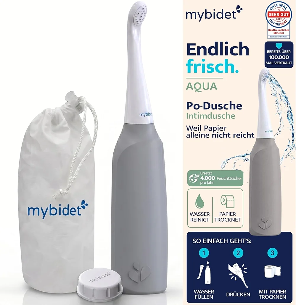 mybidet AQUA Po Dusche Set in Grau mit Verpackung und Reisebeutel