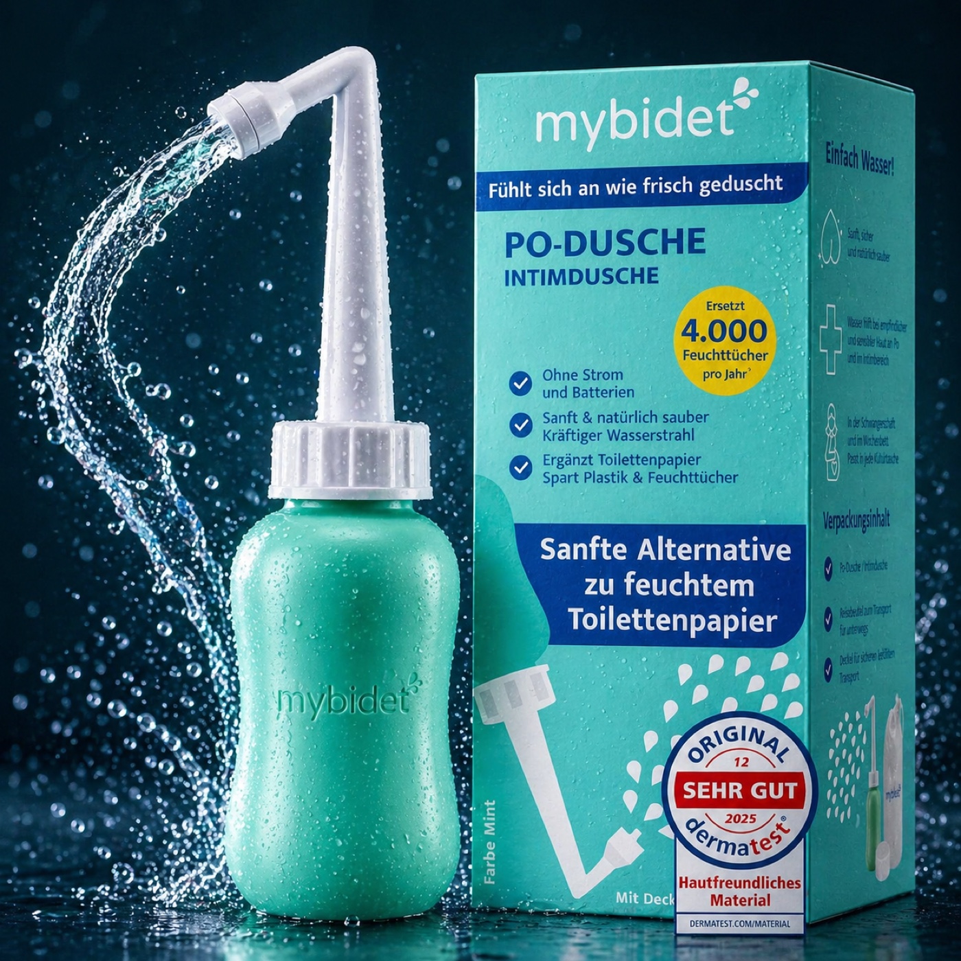 mybidet Po-Dusche in Mint mit Verpackung und Dermatest Siegel