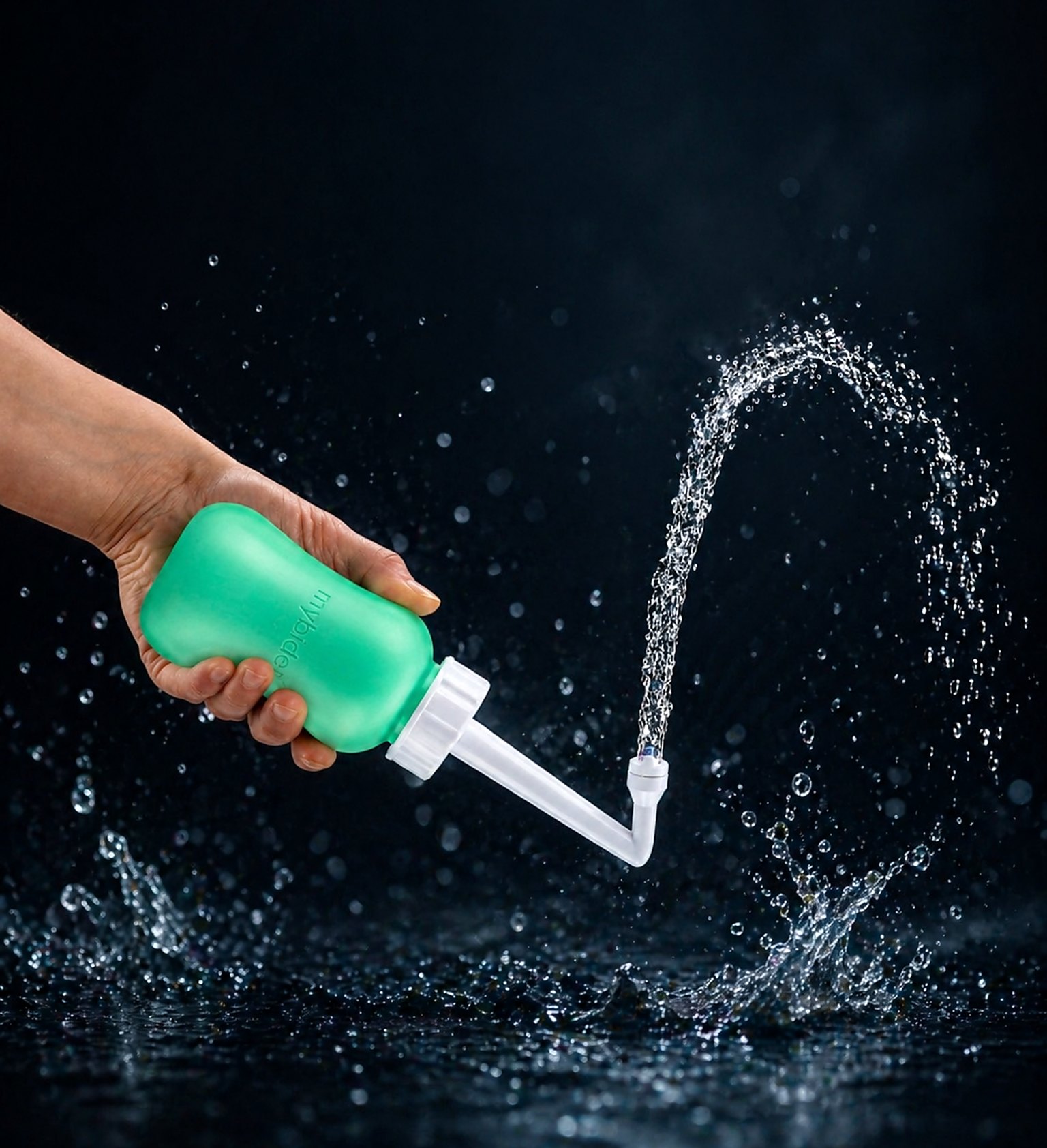 Eine Hand hält die mybidet Po-Dusche vor dunklem Wasserhintergrund